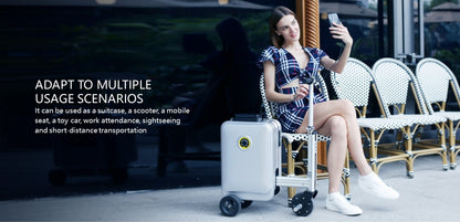 Woman-Sitting-On-Char-Next-To-Ride-On-Electric-Hand-Luggae-Suitcase